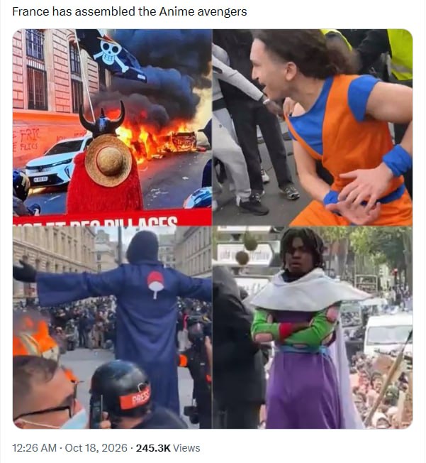 Collage of anime cosplayers at French protests with burning vehicles in the background