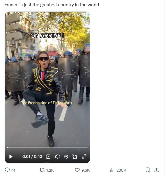 Performer in an embroidered military-style jacket dancing in front of riot police